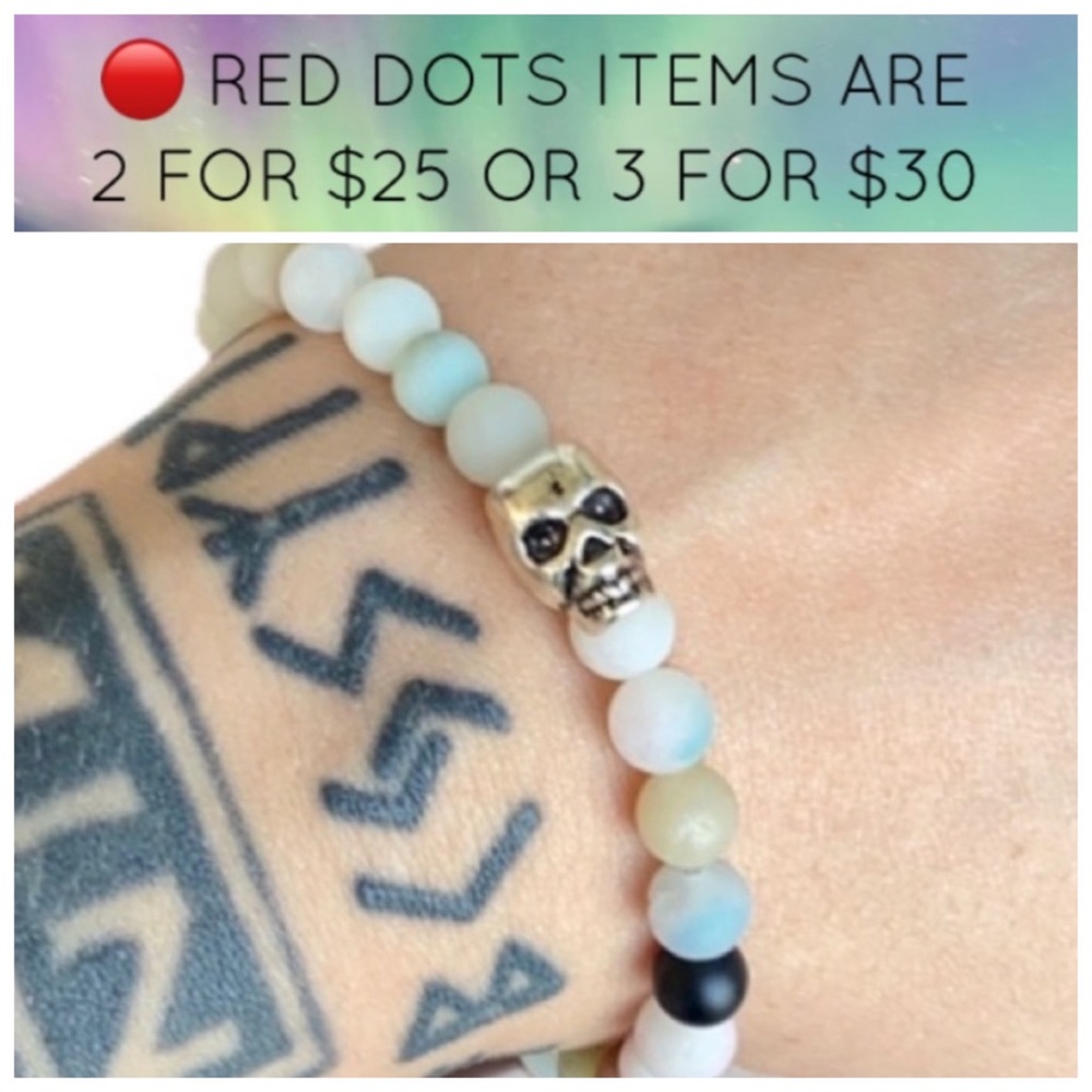 🔴Sale ! Amazonite beads 6mm silver skull bracelet